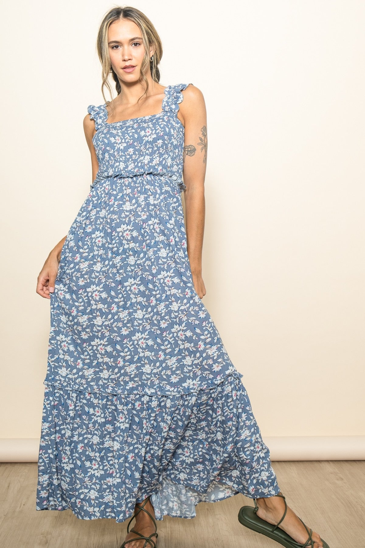 Blue Floral Smocked Ruffle Accent Maternity Maxi Dress