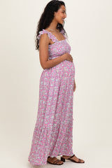 Mauve Floral Smocked Ruffle Accent Maternity Maxi Dress