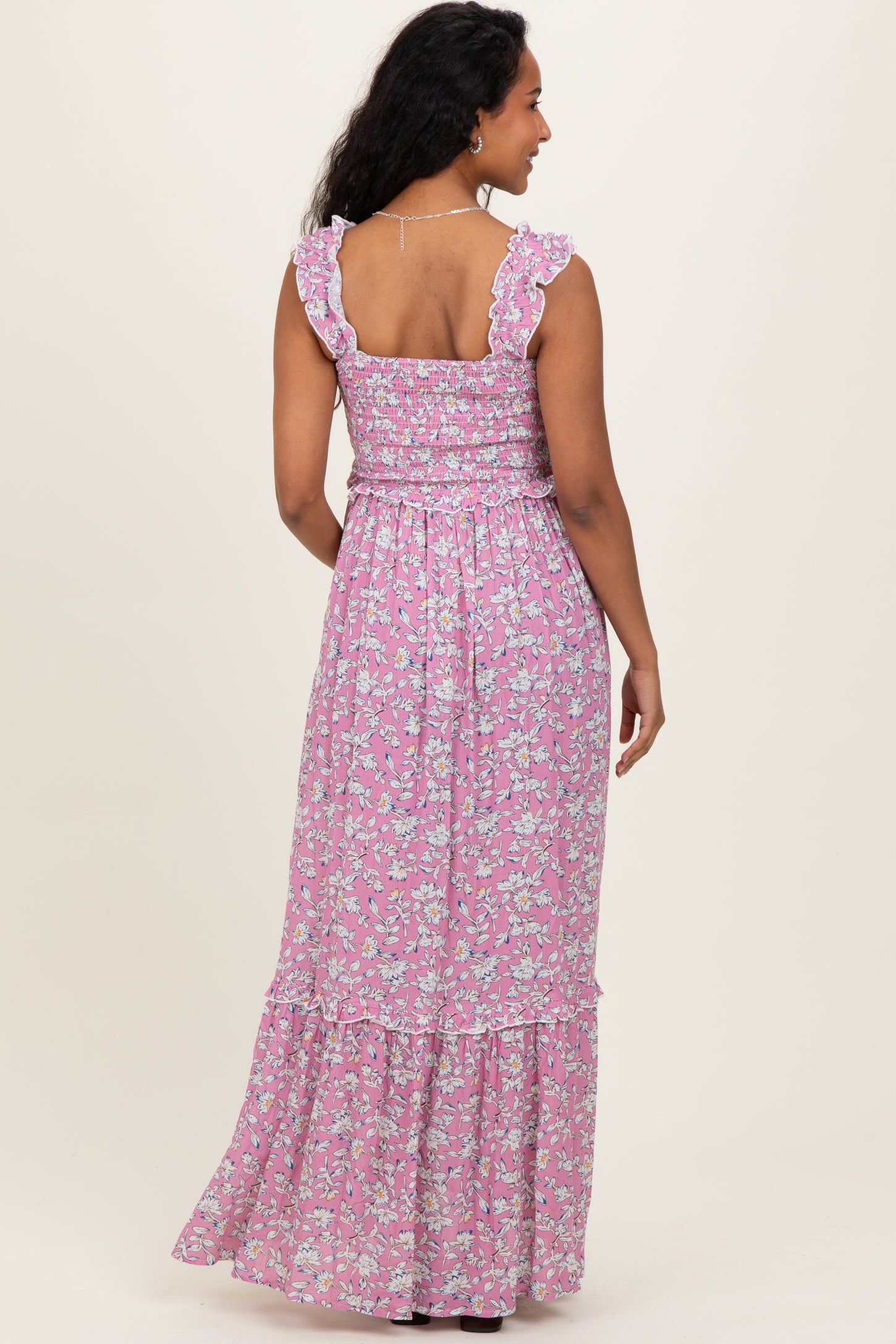 Mauve Floral Smocked Ruffle Accent Maternity Maxi Dress