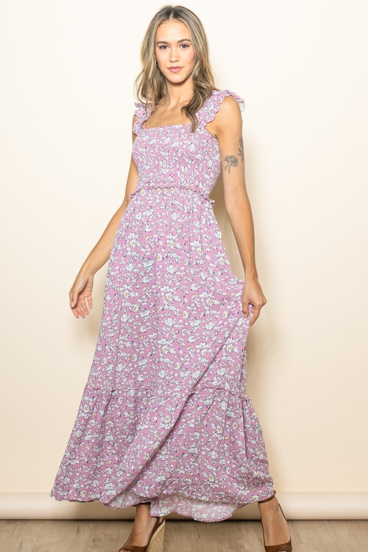Mauve Floral Smocked Ruffle Accent Maxi Dress