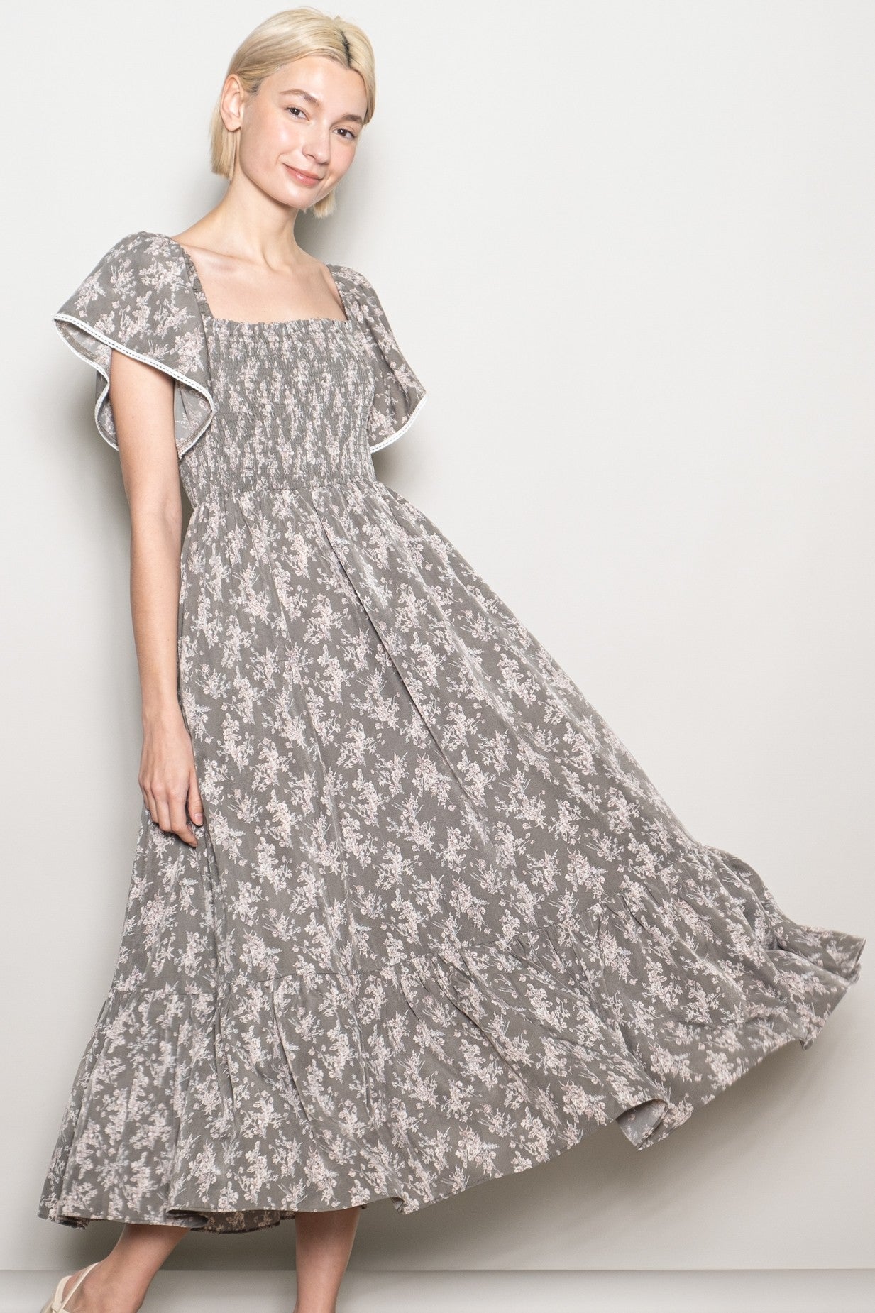 Olive Floral Smocked Lace Trim Flutter Sleeve Midi Dress