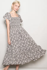 Olive Floral Smocked Lace Trim Flutter Sleeve Midi Dress