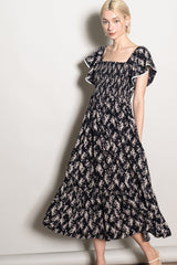 Black Floral Smocked Lace Trim Flutter Sleeve Midi Dress