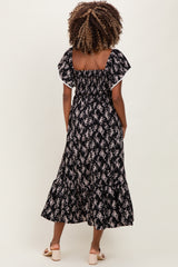 Black Floral Smocked Lace Trim Flutter Sleeve Maternity Midi Dress