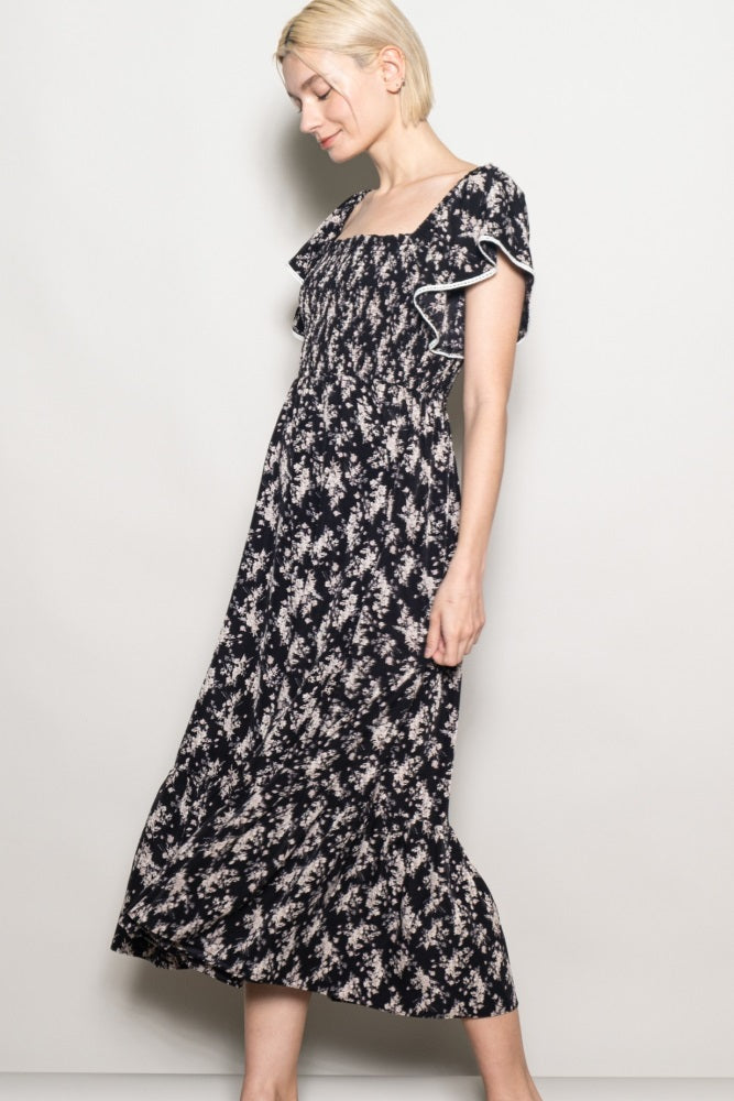 Black Floral Smocked Lace Trim Flutter Sleeve Midi Dress