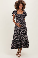 Black Floral Smocked Lace Trim Flutter Sleeve Maternity Midi Dress