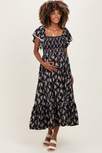 Black Floral Smocked Lace Trim Flutter Sleeve Maternity Midi Dress