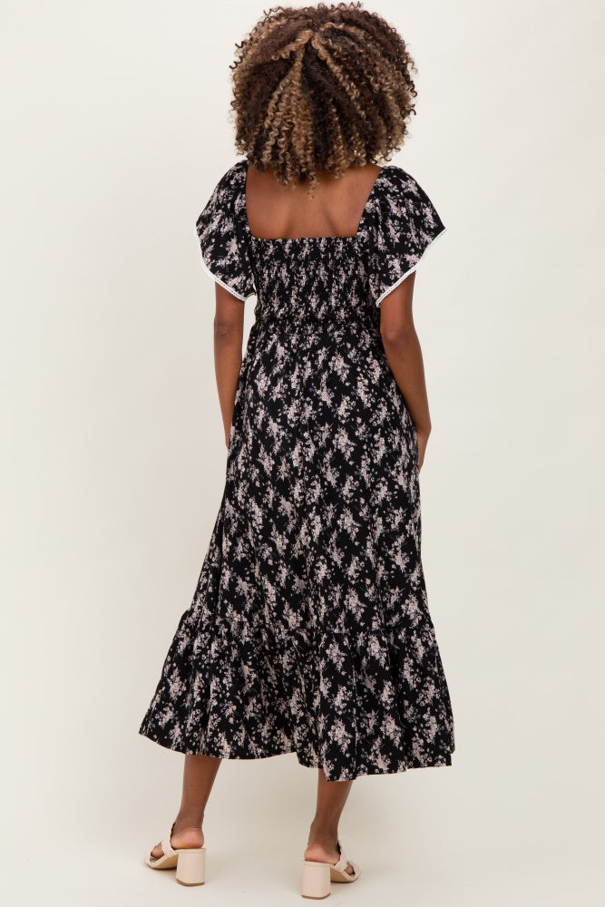 Black Floral Smocked Lace Trim Flutter Sleeve Maternity Midi Dress