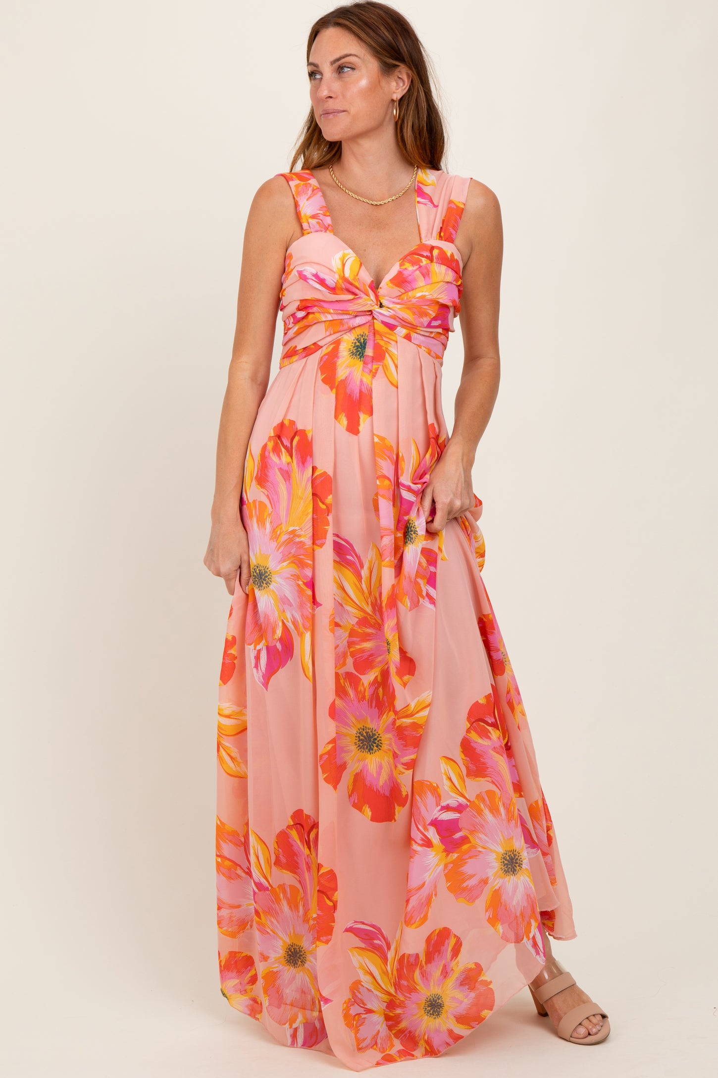 Peach Floral Chiffon Off Shoulder Maternity Maxi Dress