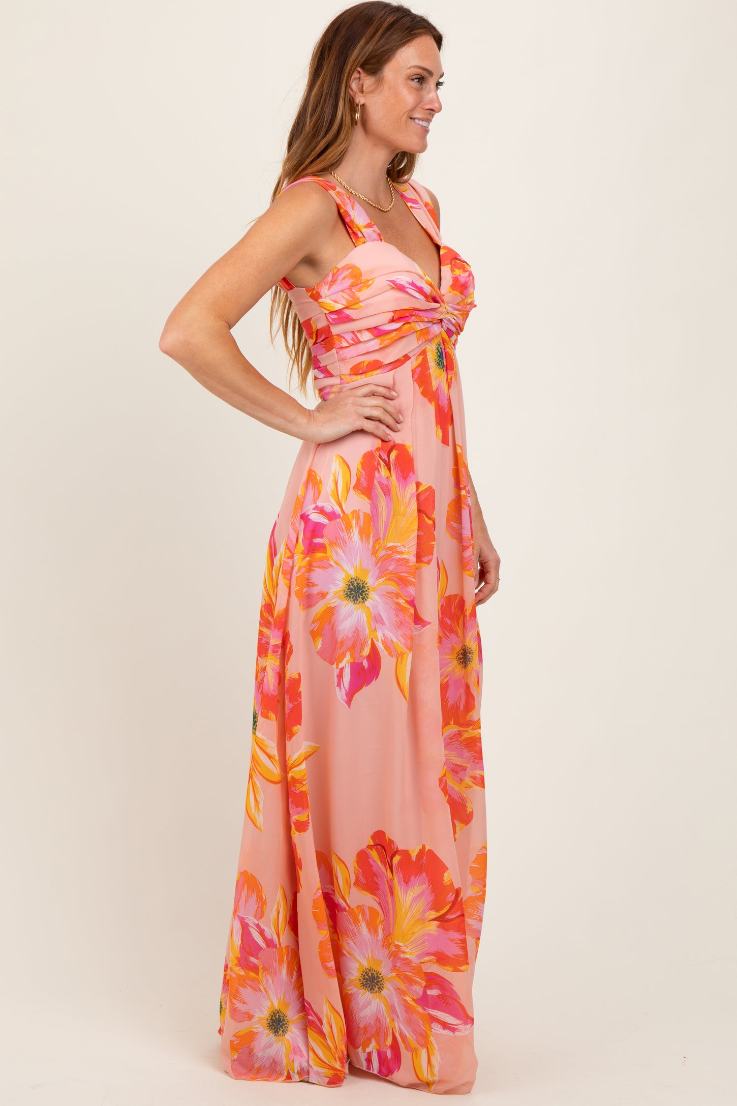 Peach Floral Chiffon Off Shoulder Maxi Dress