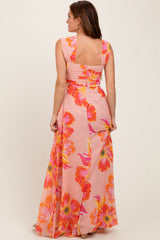 Peach Floral Chiffon Off Shoulder Maxi Dress