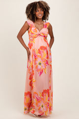 Peach Floral Chiffon Off Shoulder Maternity Maxi Dress