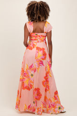 Peach Floral Chiffon Off Shoulder Maternity Maxi Dress