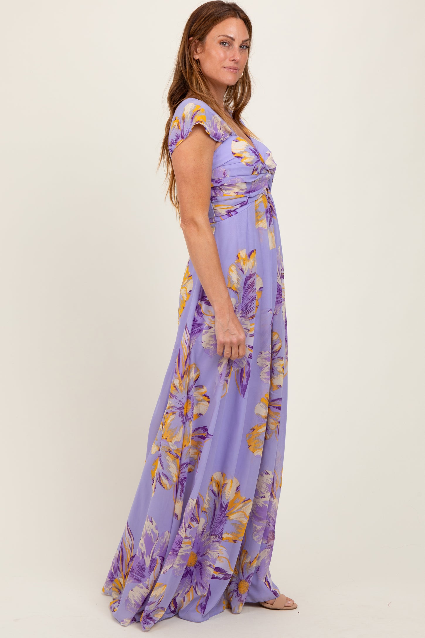 Lavender Floral Chiffon Off Shoulder Maxi Dress