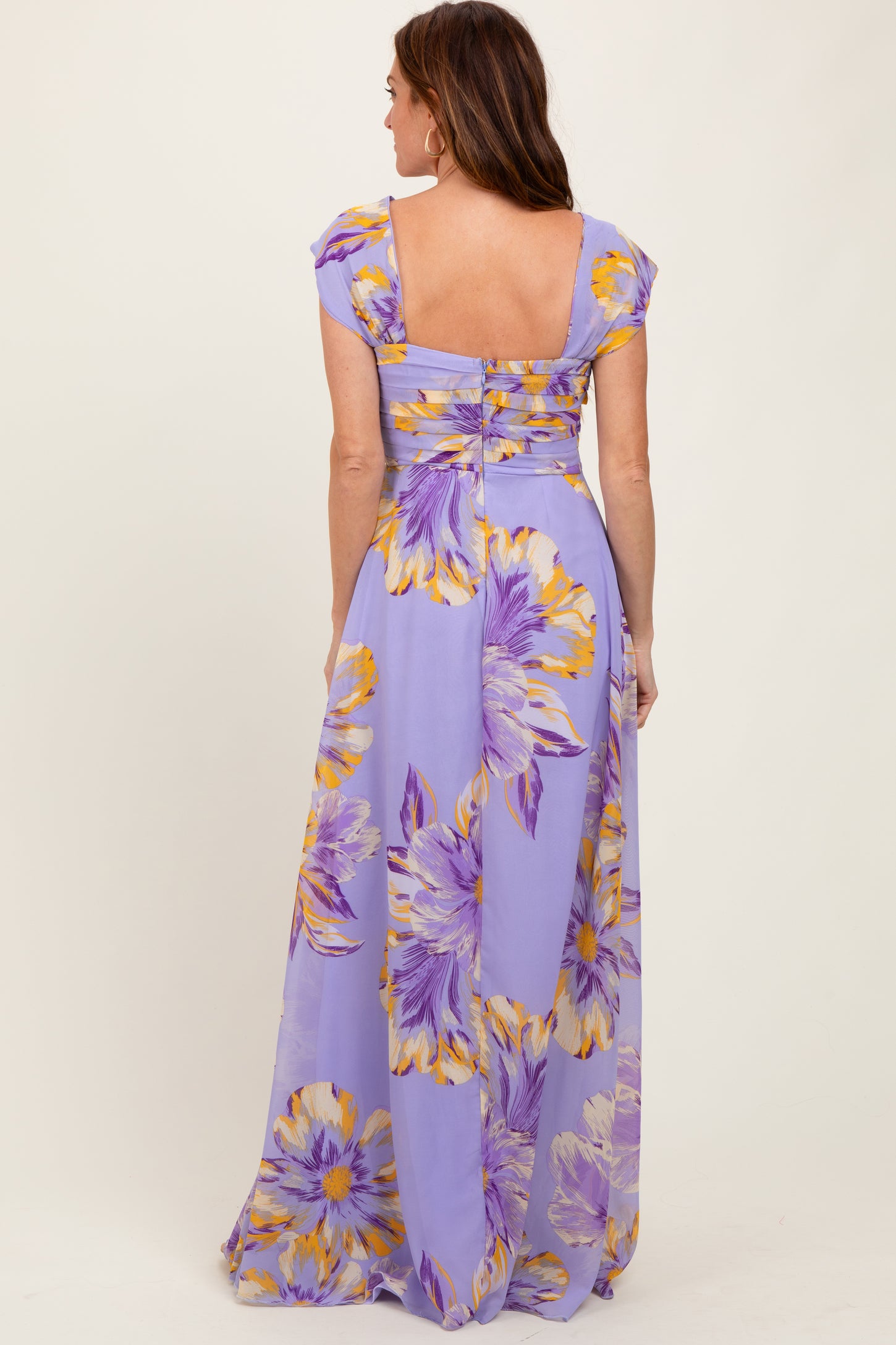 Lavender Floral Chiffon Off Shoulder Maxi Dress
