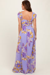 Lavender Floral Chiffon Off Shoulder Maxi Dress