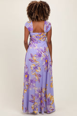Lavender Floral Chiffon Off Shoulder Maternity Maxi Dress