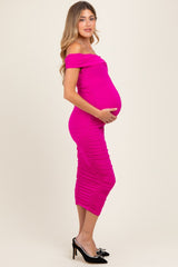 Fuchsia Off Shoulder Ruched Maternity Midi Dress