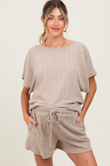 Taupe Textured Knit Dolman Sleeve Top Shorts Maternity Set