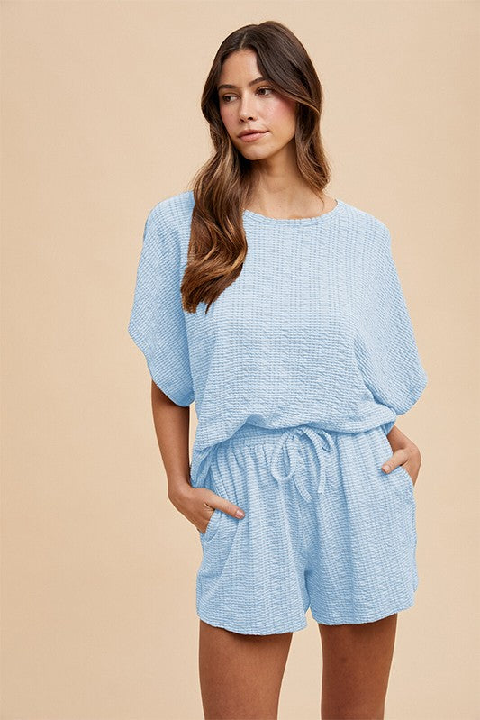Light Blue Textured Knit Dolman Sleeve Top Shorts Maternity Set