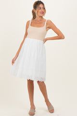 Beige Knit Contrast Eyelet Lace Skirt Maternity Mini Dress