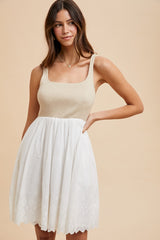 Beige Knit Contrast Eyelet Lace Skirt Mini Dress