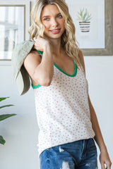 Green Floral Ribbed Contrast Trim Tank Top