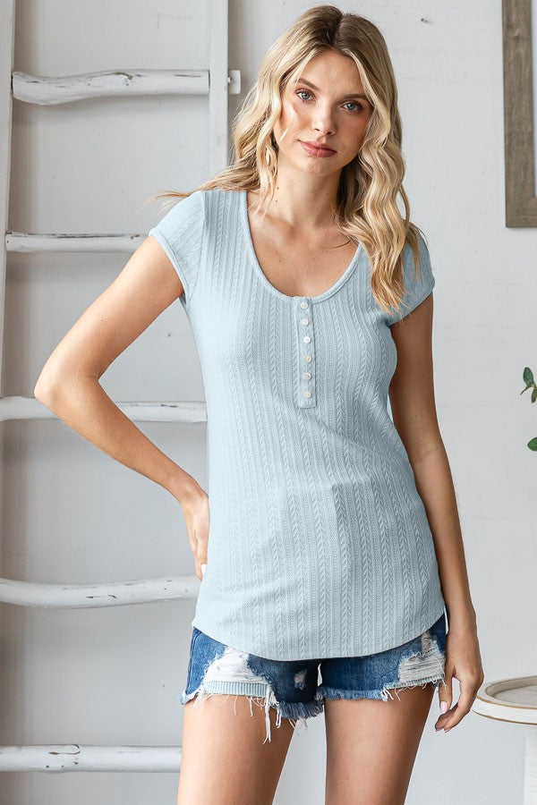 Sky Blue Jacquard Button Front Maternity Short Sleeve Top