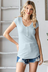 Sky Blue Jacquard Button Front Maternity Short Sleeve Top