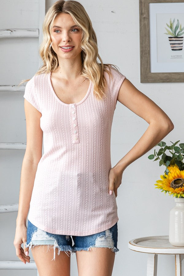 Light Pink Jacquard Button Front Maternity Short Sleeve Top