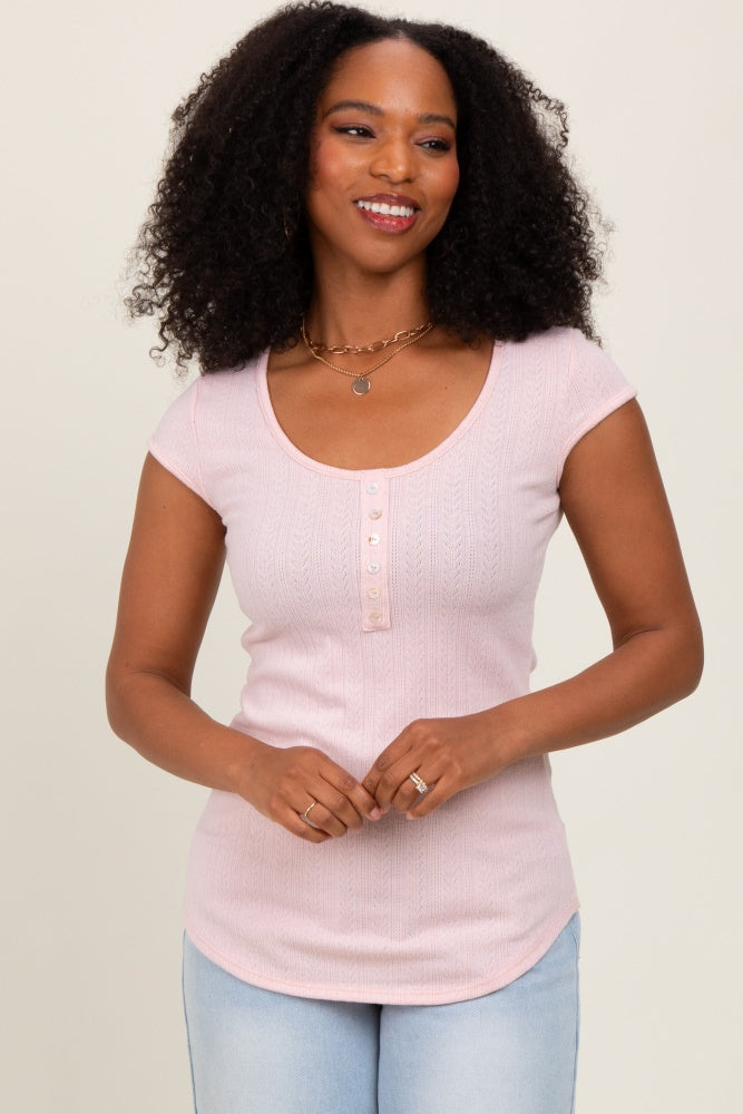 Light Pink Jacquard Button Front Maternity Short Sleeve Top
