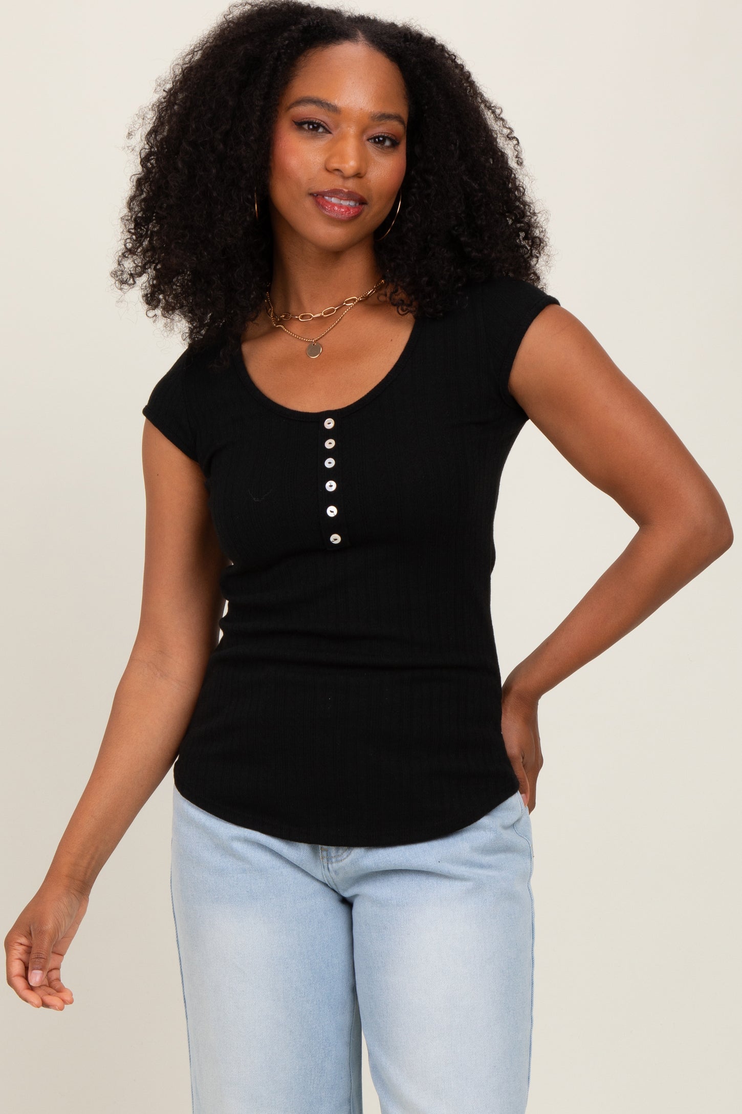 Black Jacquard Button Front Short Sleeve Top