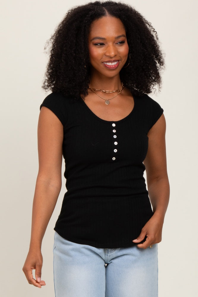 Black Jacquard Button Front Maternity Short Sleeve Top