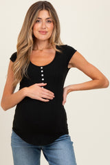 Black Jacquard Button Front Maternity Short Sleeve Top