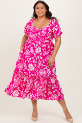 Fuchsia Floral Sweetheart Neckline Plus Midi Dress