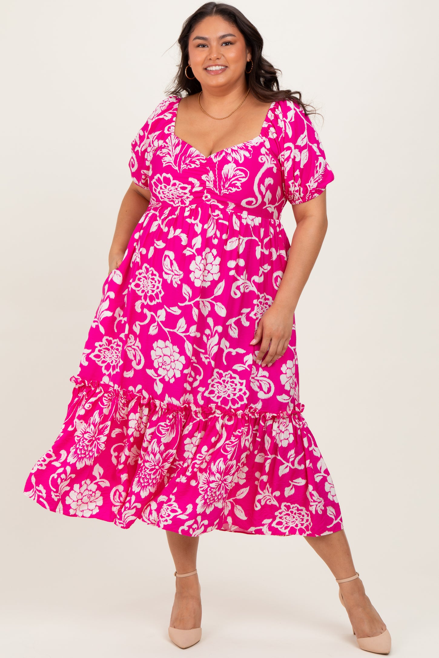 Fuchsia Floral Sweetheart Neckline Maternity Plus Midi Dress