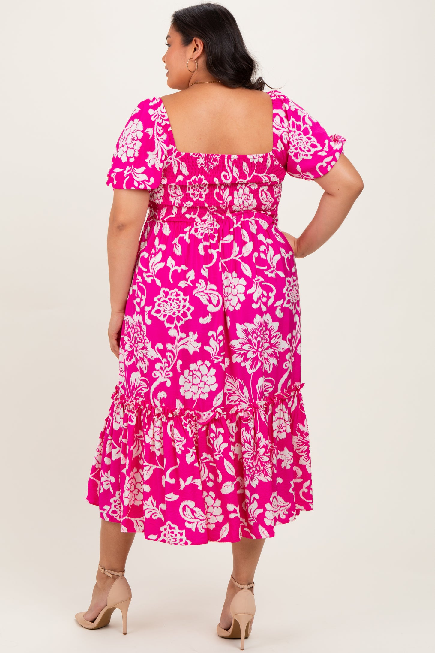 Fuchsia Floral Sweetheart Neckline Plus Midi Dress