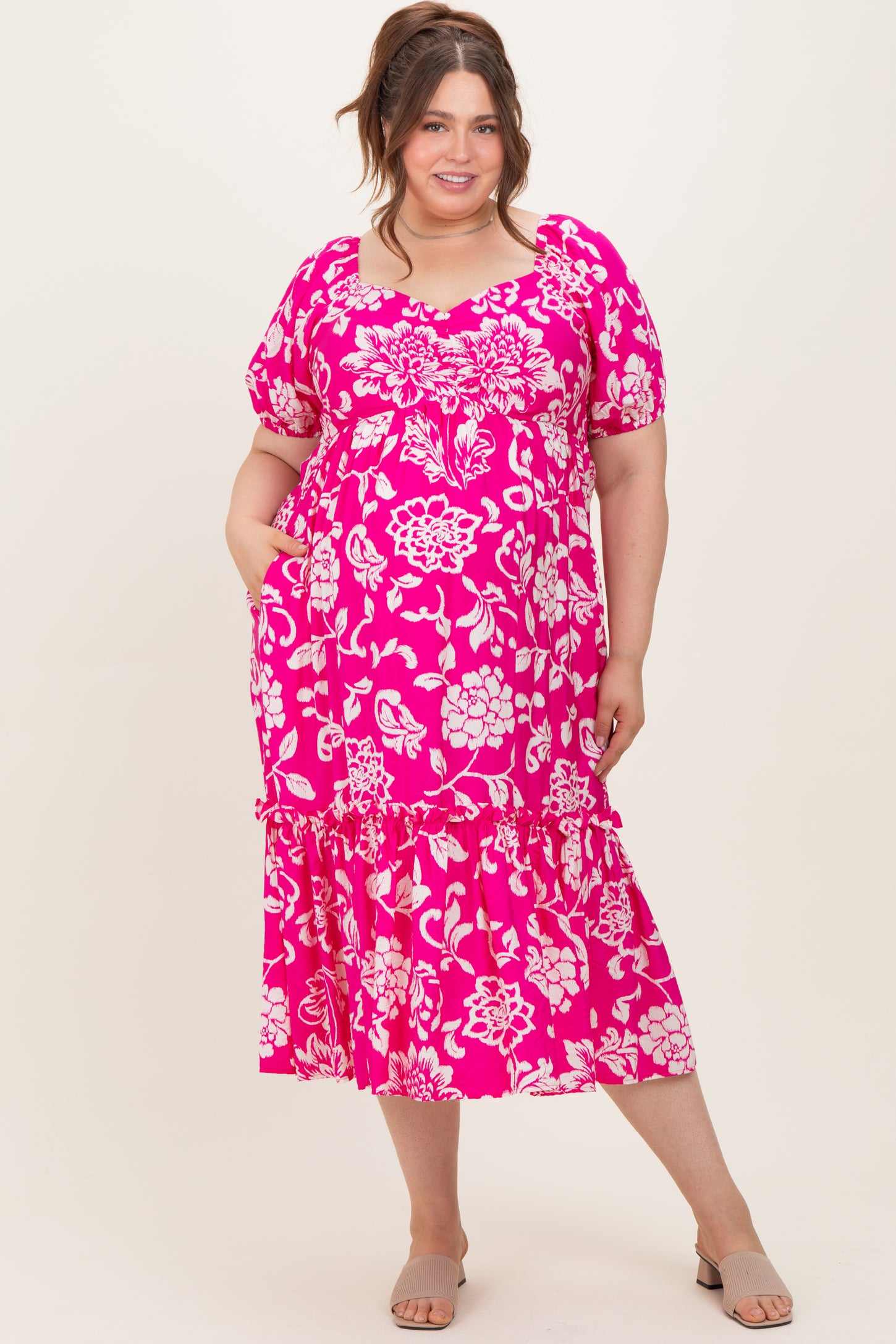 Fuchsia Floral Sweetheart Neckline Maternity Plus Midi Dress