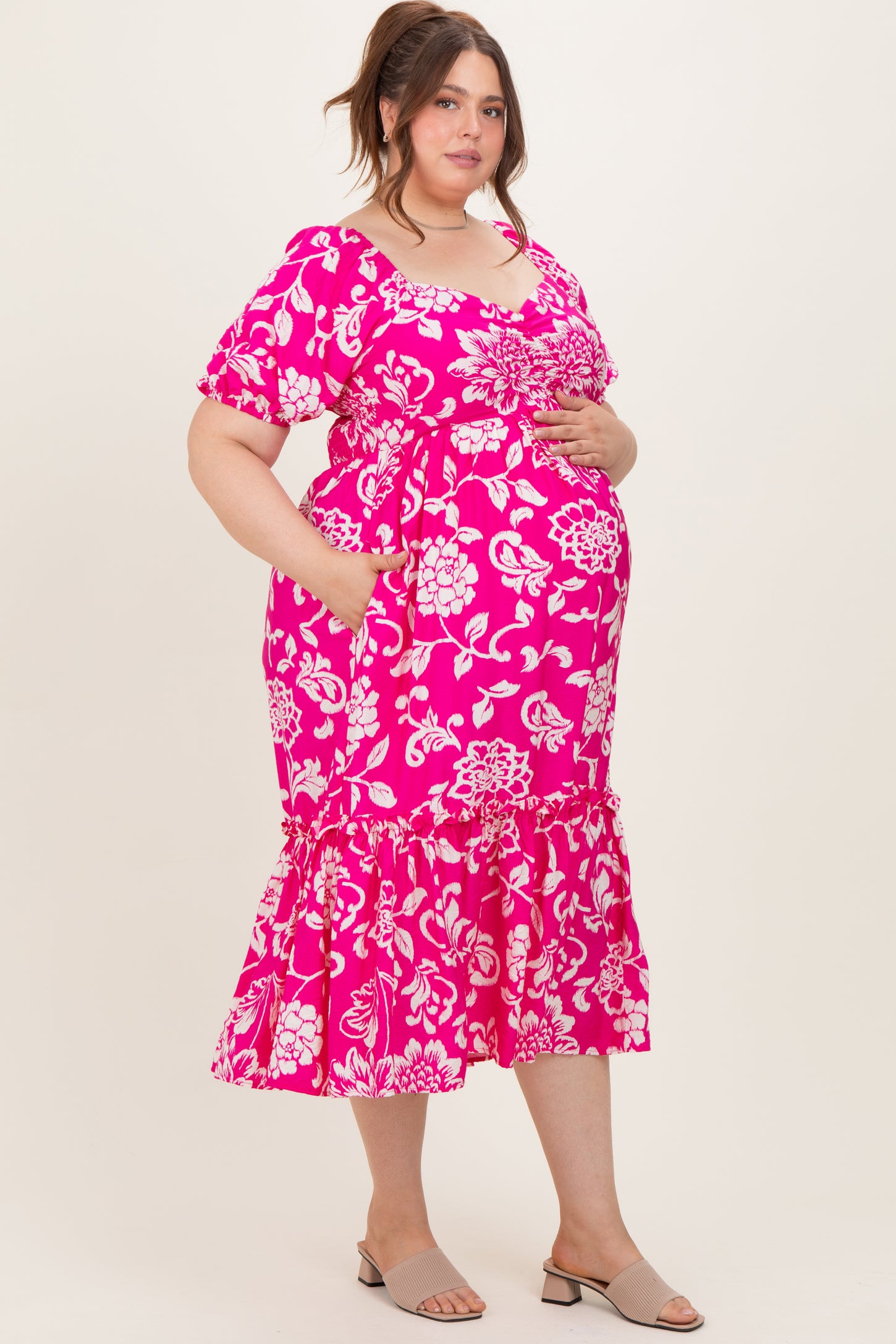 Fuchsia Floral Sweetheart Neckline Maternity Plus Midi Dress