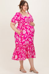 Fuchsia Floral Sweetheart Neckline Maternity Plus Midi Dress