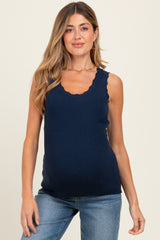 Navy Knit Scalloped Detail Maternity Tank Top