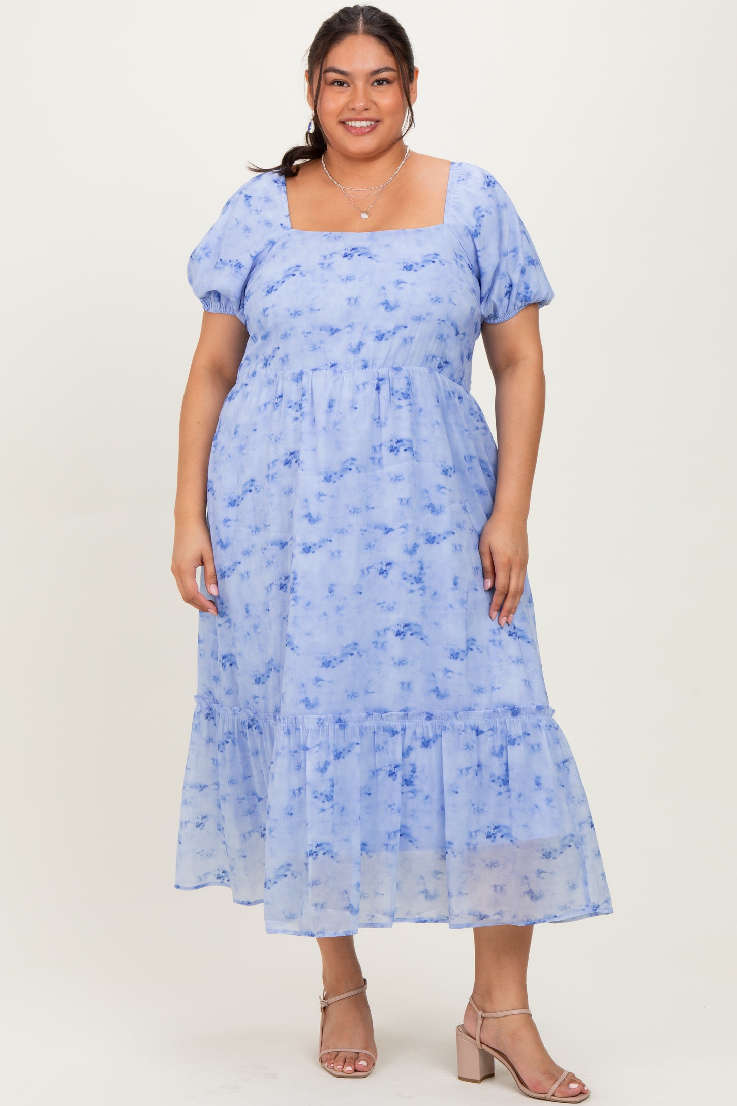 Blue Abstract Puff Sleeve Ruffle Detail Plus Midi Dress