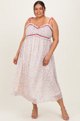 Pink Floral Ruffle Detail Shoulder Tie Plus Midi Dress