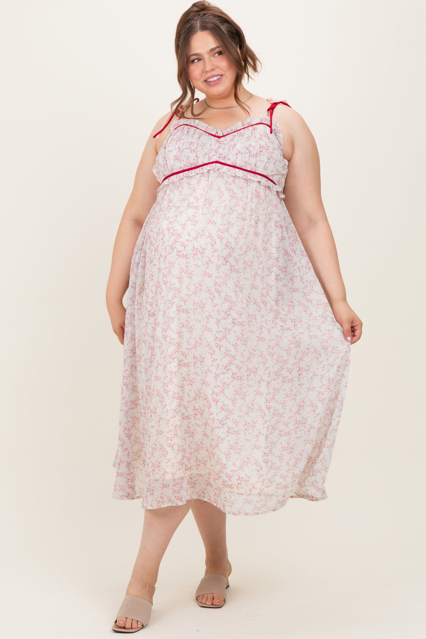 Pink Floral Ruffle Detail Shoulder Tie Maternity Plus Midi Dress