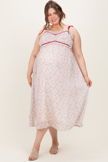 Pink Floral Ruffle Detail Shoulder Tie Maternity Plus Midi Dress