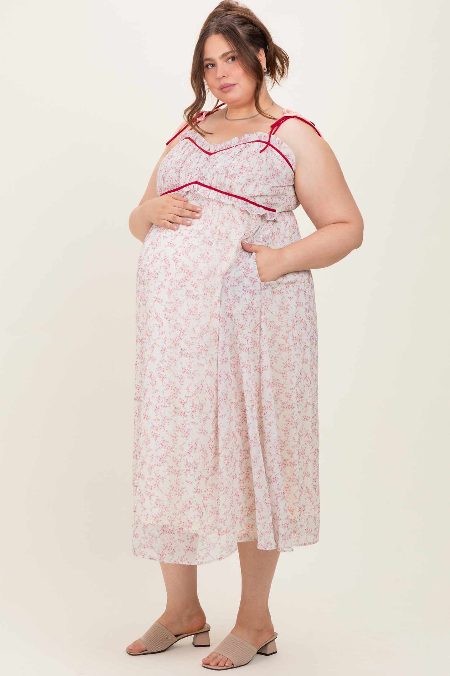 Pink Floral Ruffle Detail Shoulder Tie Maternity Plus Midi Dress