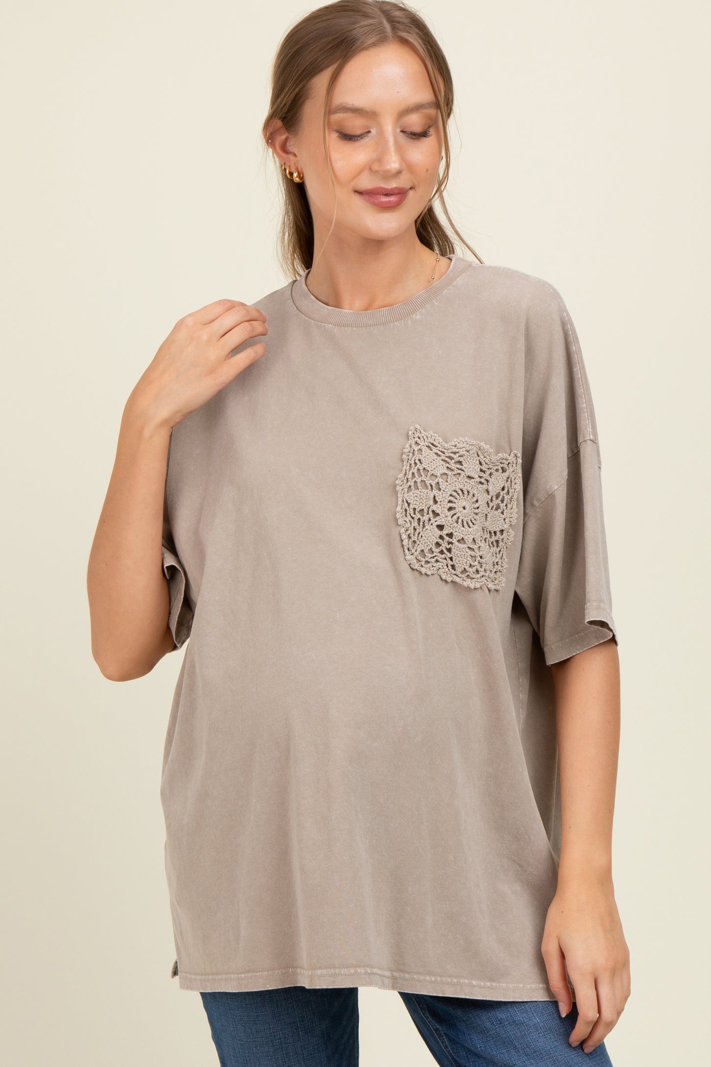 Taupe Mineral Wash Crochet Pocket Maternity Top