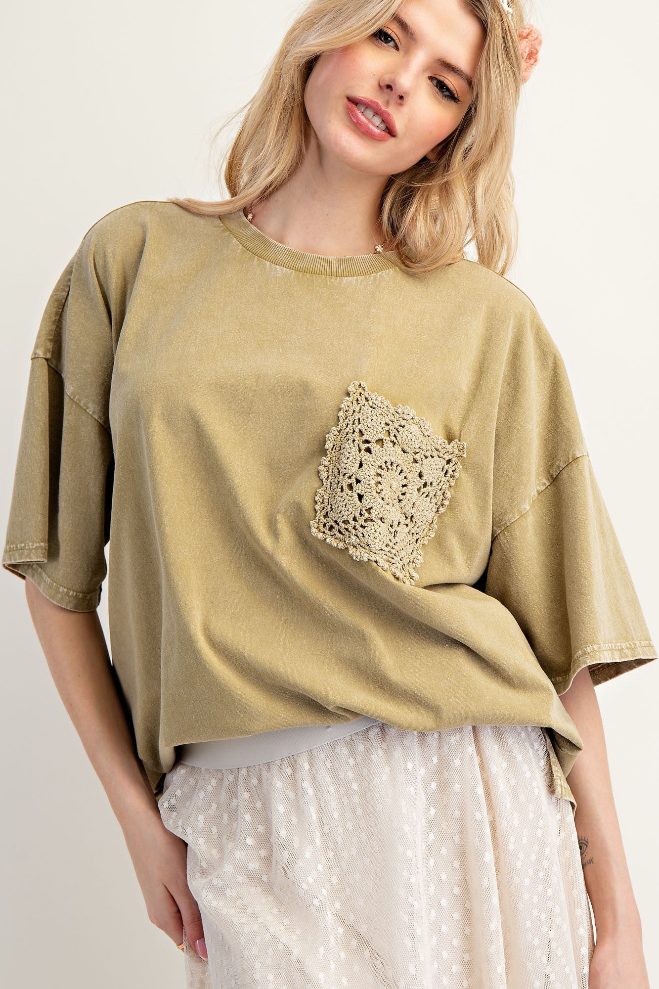 Olive Mineral Wash Crochet Pocket Maternity Top