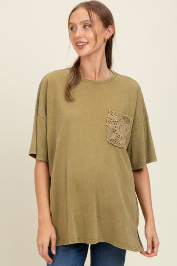 Olive Mineral Wash Crochet Pocket Maternity Top