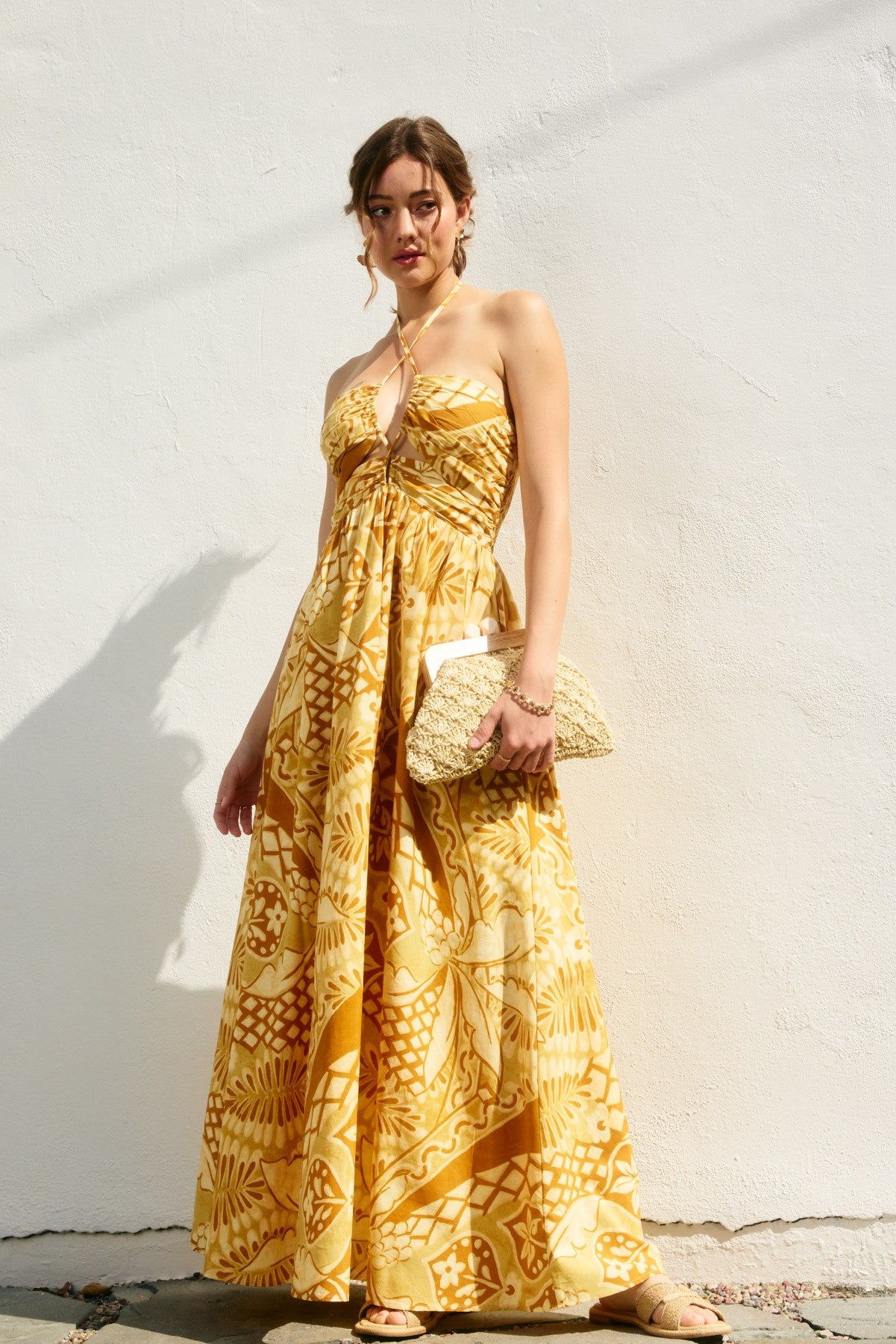 Yellow Printed Cutout Halter Maxi Dress